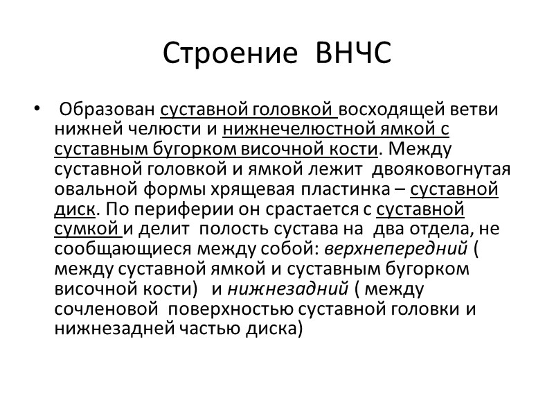 Строение  ВНЧС  Образован суставной головкой восходящей ветви нижней челюсти и нижнечелюстной ямкой